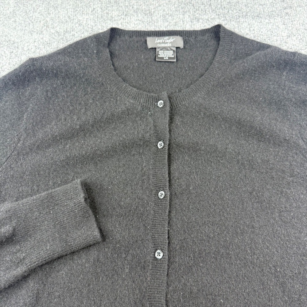 Lord & Taylor Cardigan Women Large Black 100% Cashmere Button Front Crew Neck